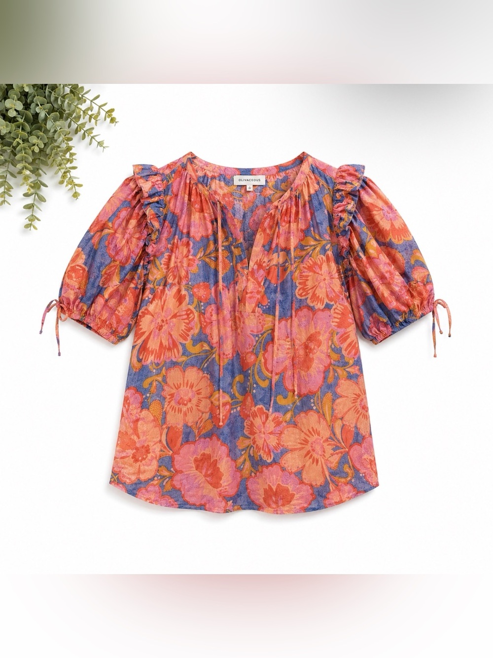 Olivaceous Floral Puff-Sleeve Peasant Top in Coral & Blue